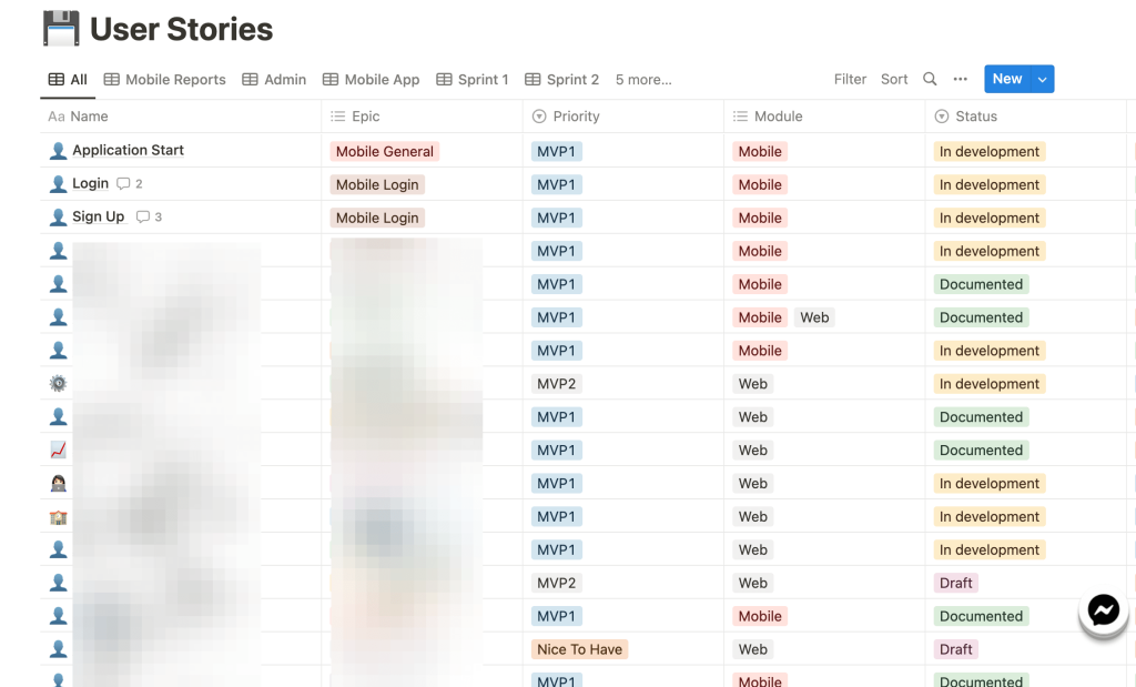 User story management in Notion